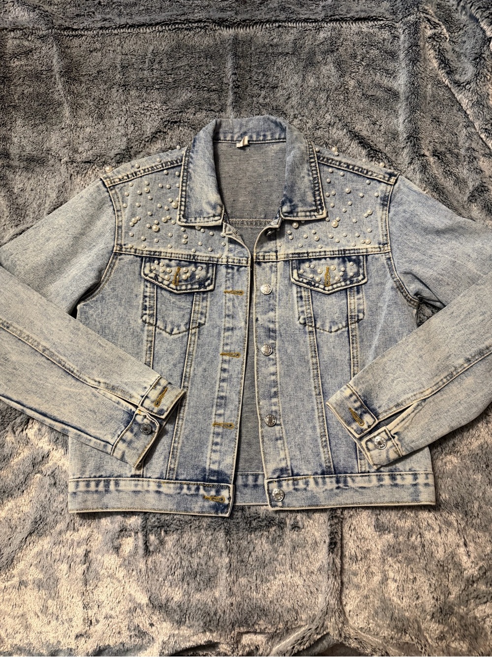 Amazon Light Blue Denim Jacket with Pearl Stud Accents